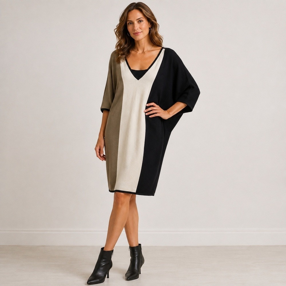 Trina Turk Sweater Dress Womens M Multi Colorblock Merino Wool Mod Chic Shift